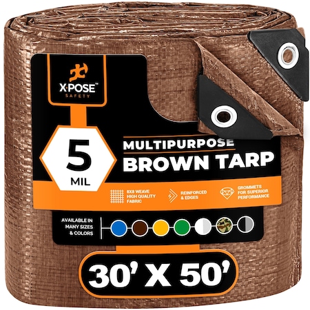 Multipurpose Protective Cover Brown Poly Tarp 30' X 50' - Durable, Water Resistant- 5 Mil